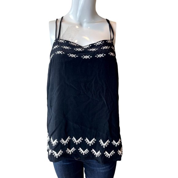 LOFT Women's Cross Back Strap Camisole Top Sleeveless Embroidered Black Size L - Picture 1 of 5